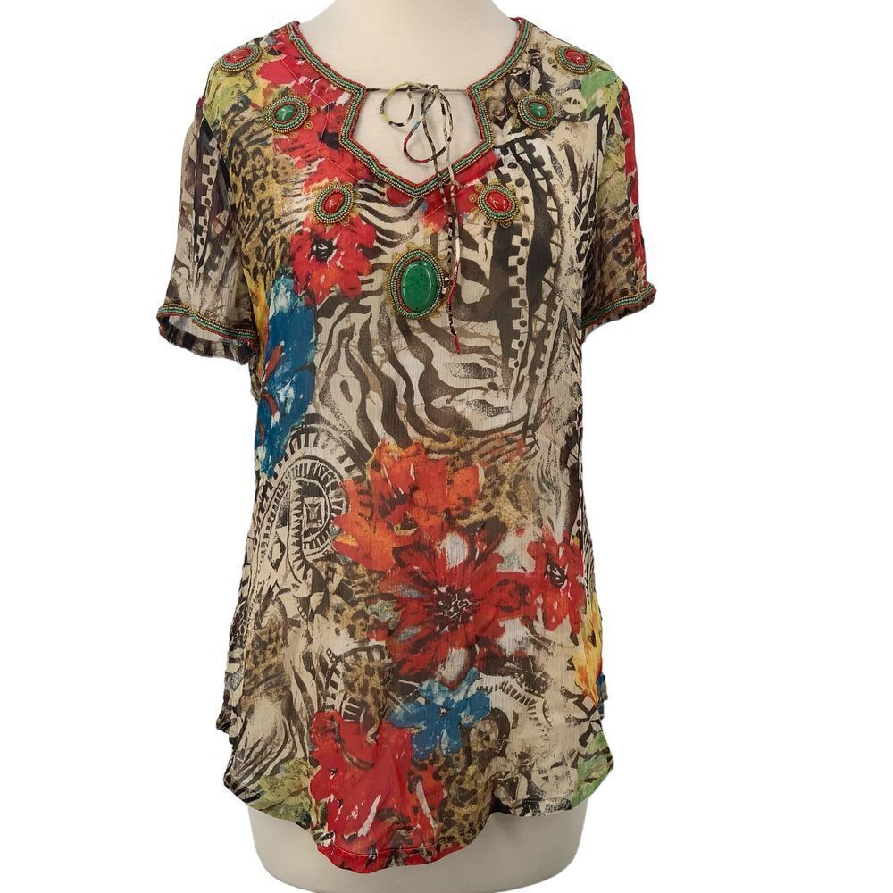 CHICO'S Semi-Sheer Silk Beaded Tunic Top Multi-Color Animal/Floral Print 0 Small